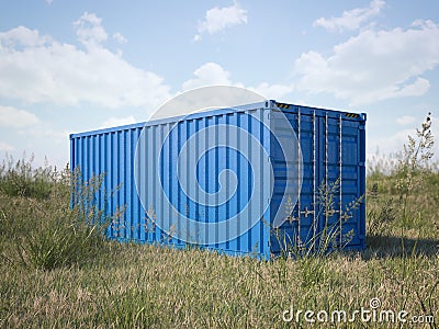 Blue cargo container in a field. 3d rendering Stock Photo
