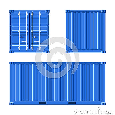 Blue Cargo Container for shipping and sea export isolated on white background. Front, back and side view. Logistics and Vector Illustration