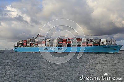 Blue cargo ship maersk navigates through the westerschelde Editorial Stock Photo