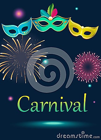 Blue carnival background with masks and fireworks. Vector Illustration