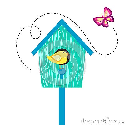 Blue cartoon bird house with birdie on perch and butterfly. Vector Illustration