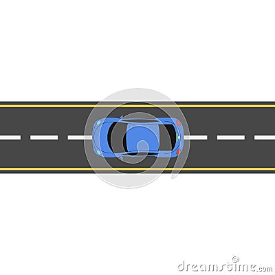 Blue cartoon car is driving along the road. Isolated on white background. Road marking. Roadway. Vector Cartoon Illustration