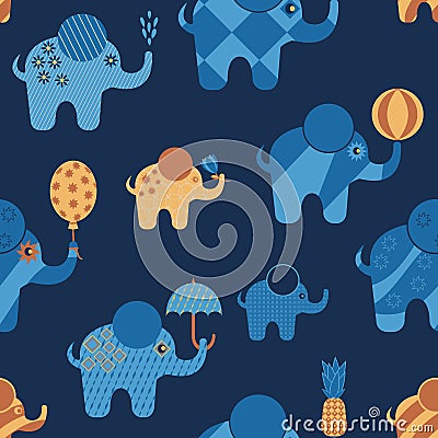 Blue cartoon elephants with abstract geometric patterns Vector Illustration