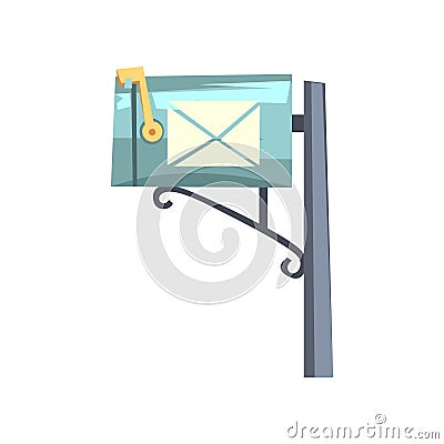 Blue cartoon style mailbox on gray pole. Colorful icon of metallic post box for letters and newspapers. Side view. Flat Vector Illustration