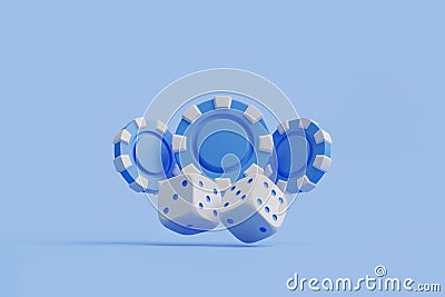 Blue Casino Chips and Dice on Light Blue Background Cartoon Illustration