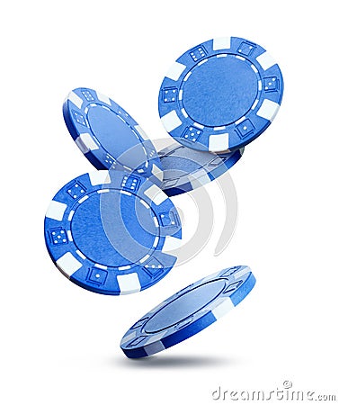 Blue casino chips falling on white background Stock Photo