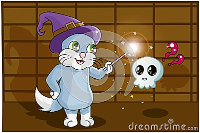 A blue cat using wizard hat doing the amazing magic for skull cute Vector Illustration