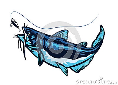 Blue catfish swimming chasing the lure Vector Illustration