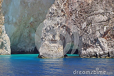 Blue Caves and Ionian Sea - Zakynthos Island, landmark attraction in Greece. Seascape Stock Photo