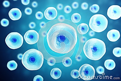 Blue cell under microscope. Life and biology, medicine scientific, molecular research dna. 3d illustration. Cartoon Illustration