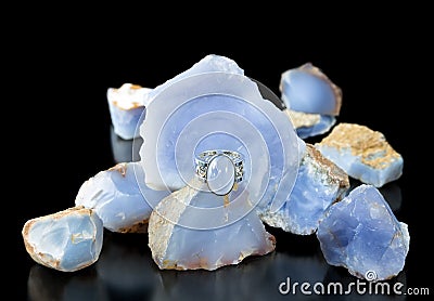 Blue Chalcedony Ring And Rough Stock Photo