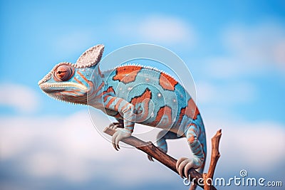 blue chameleon blending with sky background Stock Photo