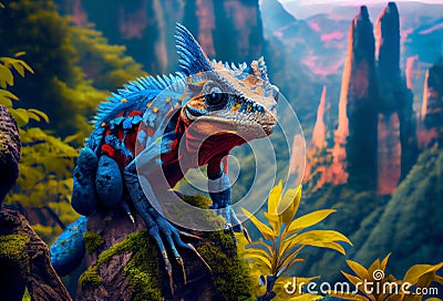 blue chameleon on a branch against the backdrop of green jungle. Stock Photo