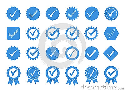 Blue check mark icons. Profile verification badge, approval seal and quality marks vector symbol set Vector Illustration