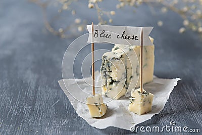 Blue cheese with blue mold and banner with name on grey background. Copy space Stock Photo