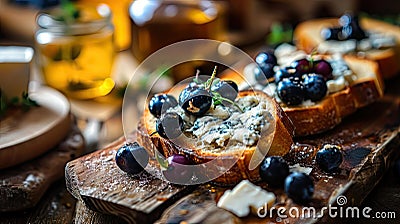 Blue Cheese on Bread, Gorgonzola with Berries and Honey, Bruschetta with Ricotta, Blueberries Stock Photo