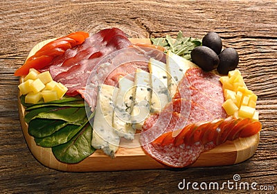 Blue cheese and cold meat platter Stock Photo