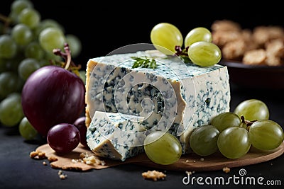 Blue cheese with grapes on black background. Commercial promotional food photo Stock Photo