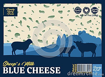 Blue cheese packaging template with sheep, lamb and dairy farm Vector Illustration