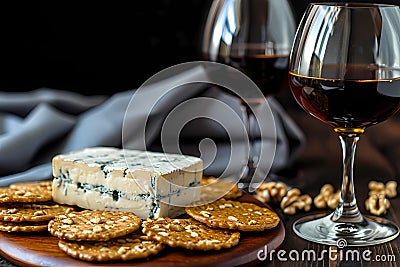 Blue cheese, with Walnut crackers and a Port wine Stock Photo