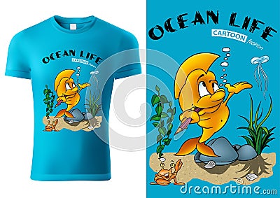 Blue Child T-shirt Design with Cartoon Golden Fish Vector Illustration