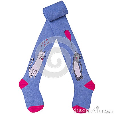 Blue children`s tights with a pattern of cats, half twisted, on a white background Stock Photo