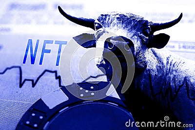 Blue chip and bull on an NFT Non Fungible Token market graph Stock Photo