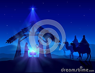 Christian Christmas on Blue Background with Wise Men and Jesus Vector Illustration