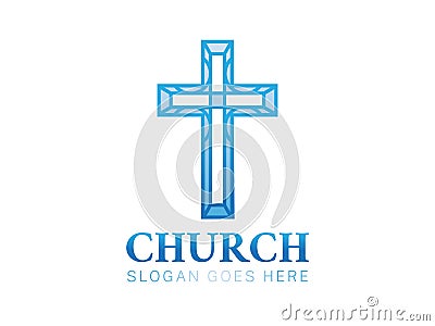 Blue Christian Church Logo with Cross Vector Illustration