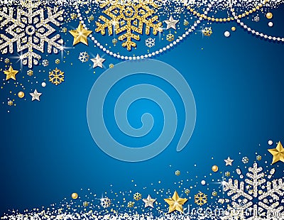 Blue christmas background with frame of golden and silver glittering snowflakes, stars and garlands, vector illustration Vector Illustration