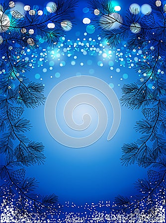 Blue Christmas background with snow and black pine spruces, sparkling winter vector background. Vector Illustration