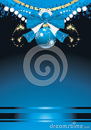 Blue Christmas ball with bow and tinsel Vector Illustration