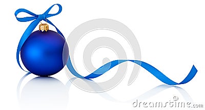 Blue Christmas ball with ribbon bow Isolated on white background Stock Photo