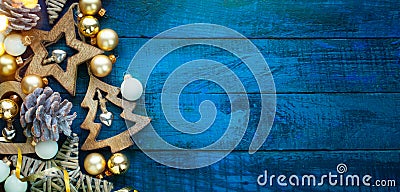 A Blue Christmas banner background with hand-made decoration stars and Christmas tree Stock Photo