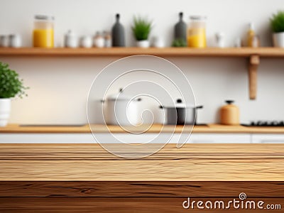 Wooden table on blurred kitchen bench background. Stock Photo