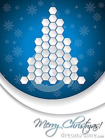 Blue christmas greeting card design with hexagon tree Vector Illustration