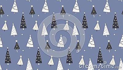 Blue Christmas pattern, scandi simple trees texture with golden stars and decorations. Vector holiday panoramic banner Vector Illustration