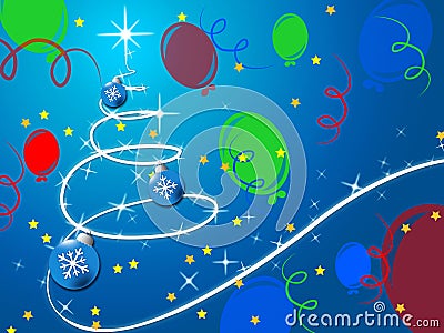 Blue Christmas Tree Background Shows December Holidays And Balloons. Stock Photo