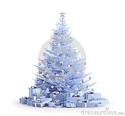 Blue christmas tree with gifts isolated 3d render Stock Photo