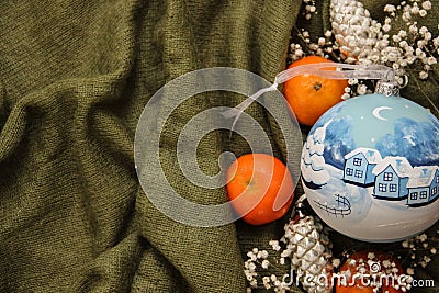 Blue Christmas tree toy. Painted Christmas tree ball. Festive New Year decorations. Stock Photo