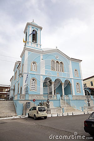 Blue church in greek city of kalamata Editorial Stock Photo