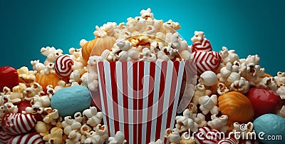 blue cinema corn film food red box background popcorn video bucket. Generative AI. Stock Photo