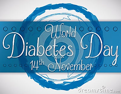 Blue Circle in Brushstrokes and Blue Ribbon for Diabetes Day, Vector Illustration Vector Illustration
