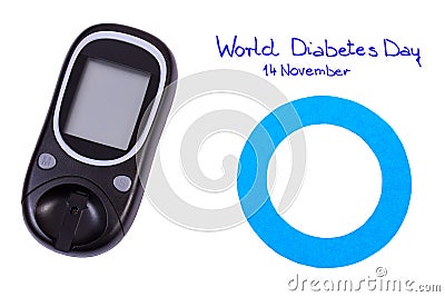 Blue circle and glucometer on white background, symbol of world diabetes day Stock Photo