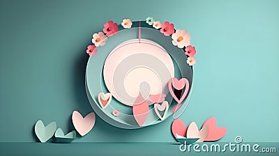 Blue circle template copy space heart or love shape and flower ornament design element background. Stock Photo