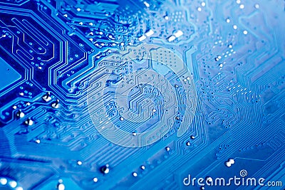 Blue circuit board background of computer motherboard,Electronic computer hardware technology.Integrated communication processor. Stock Photo