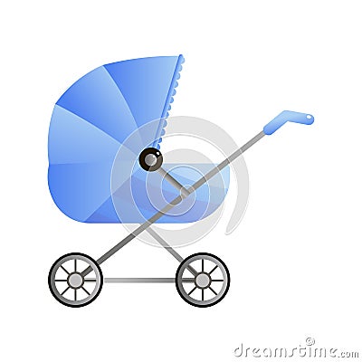 Blue classic stroller for newborns with big visor on white Vector Illustration