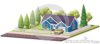 Blue Classic Suburban Family House With Yellow Car in Front of It. Low Poly Illustration Vector Illustration