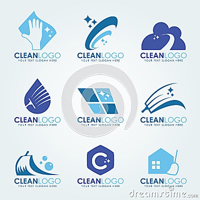 Blue Clean logo with Cleaning gloves, water droplets , scrub brush and broom vector set design Vector Illustration