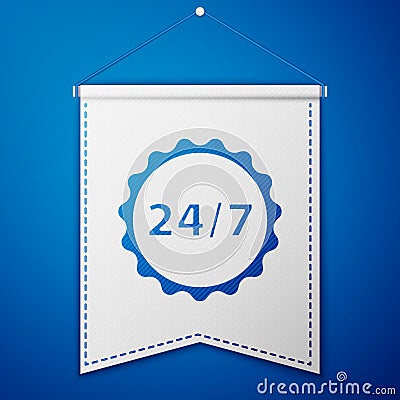Blue Clock 24 hours icon isolated on blue background. All day cyclic icon. 24 hours service symbol. White pennant Vector Illustration